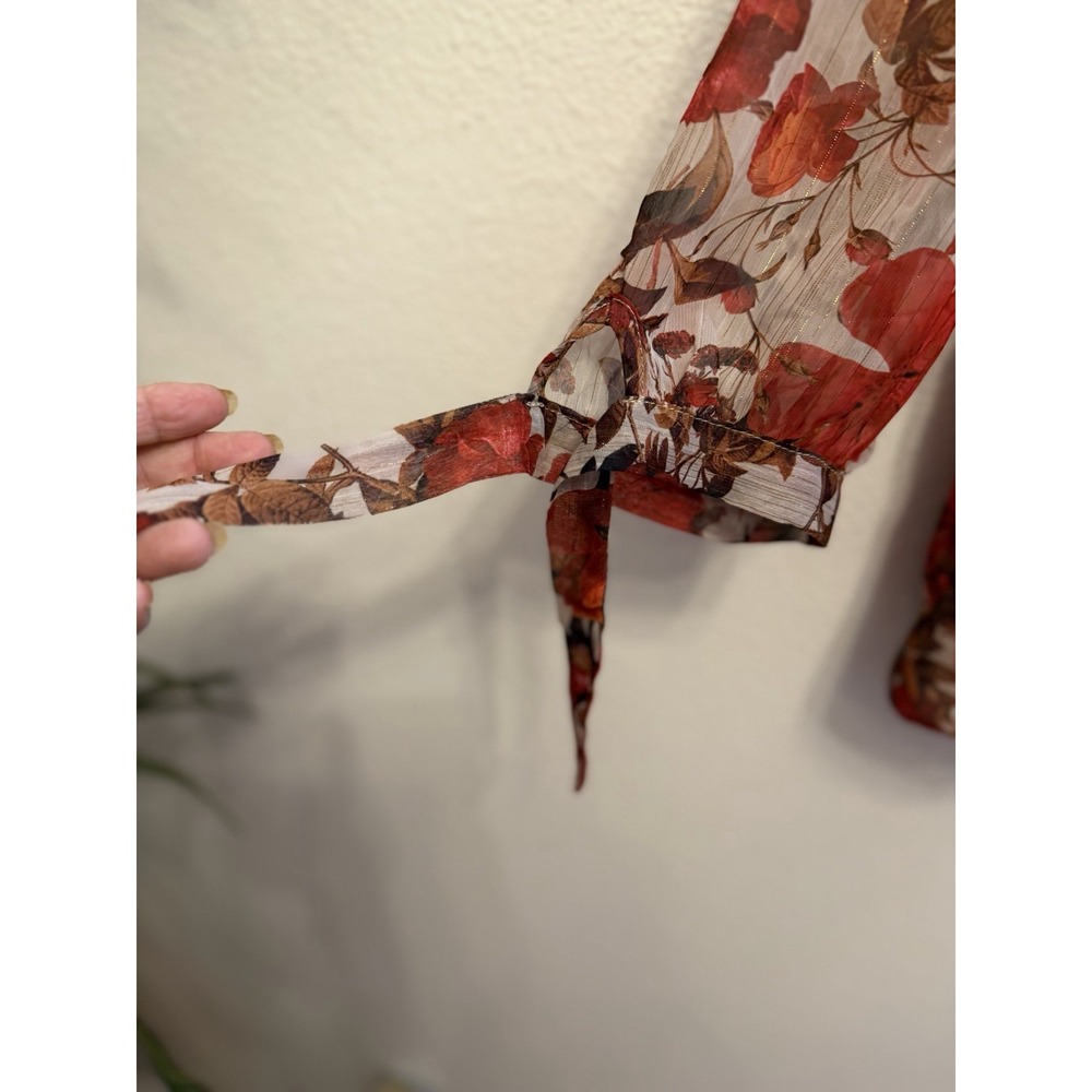 Sara Michelle Top Blouse XL/12 Pullover Bubble Hem Tie Sleeve Fall Colors Floral - Picture 5 of 11